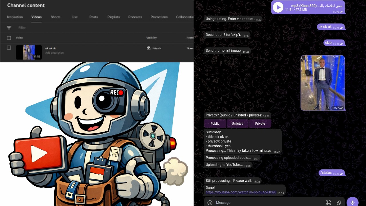 Telegram to YouTube uploader bot interface