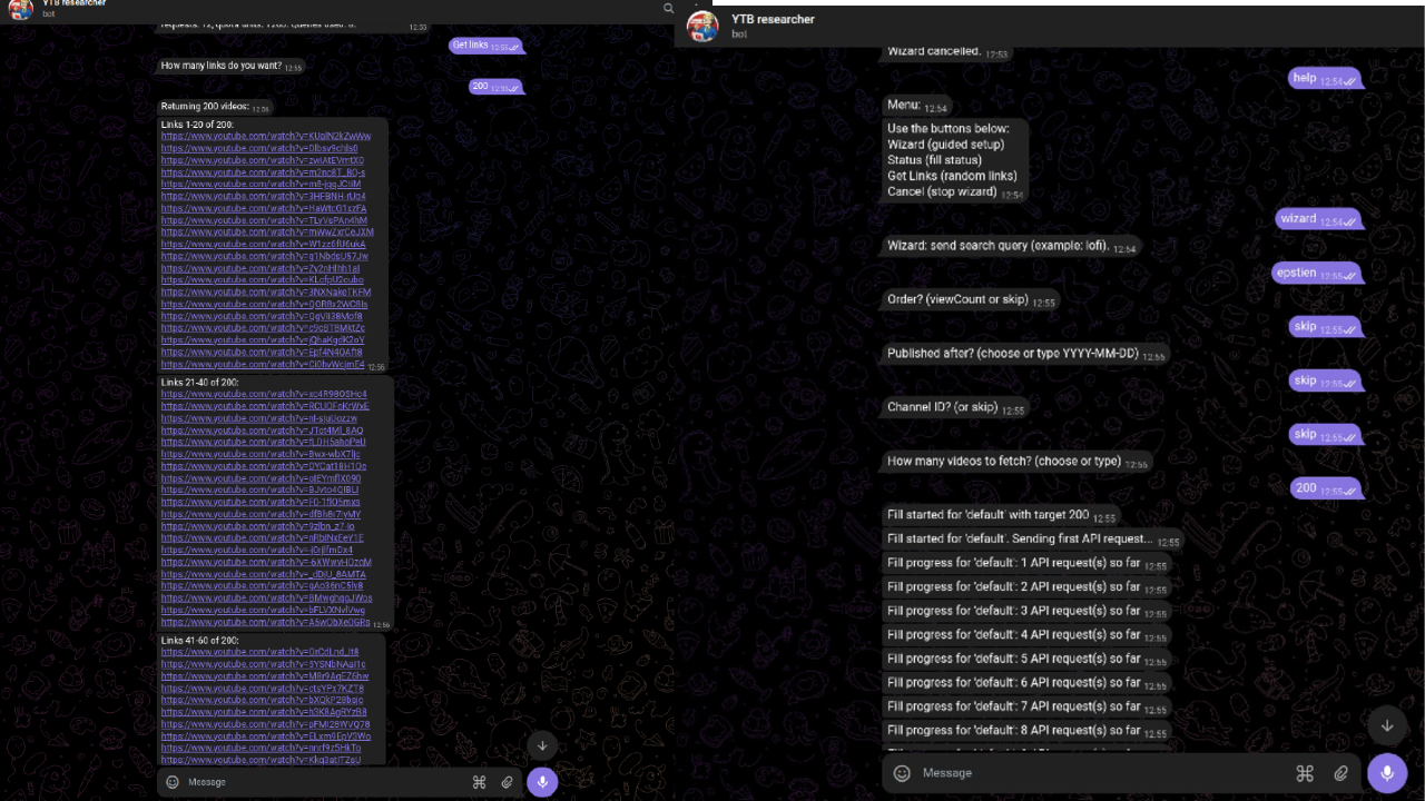 Telegram YouTube research bot dashboard